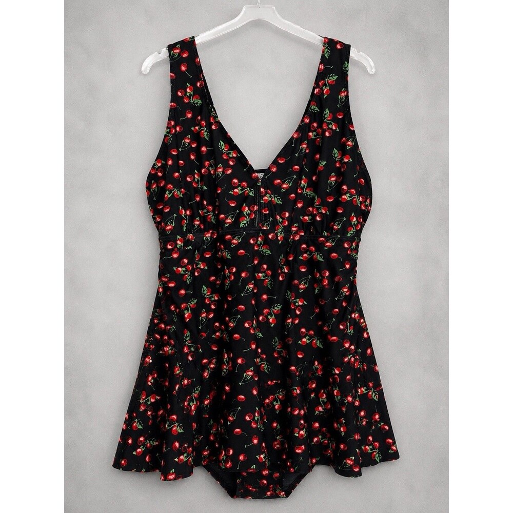 Women’s Cherry Print Swim Dress Skirted One Piece Swimsuit XXXL Black Retro